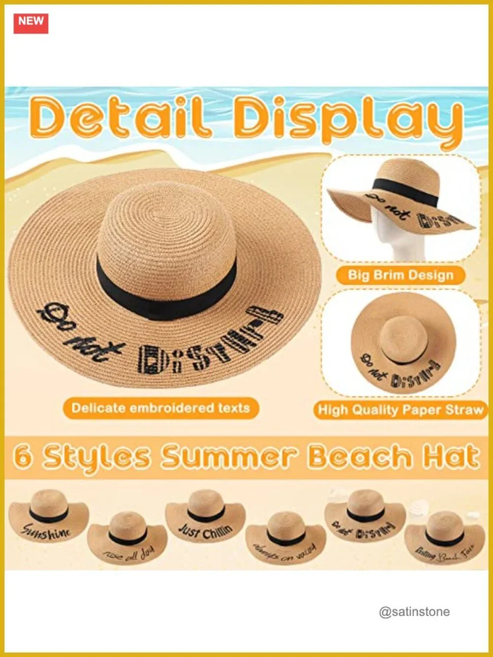 6 Pack Straw Sun Hats: Embroidered, Foldable, Large Brim, Adjustable, for Beach
